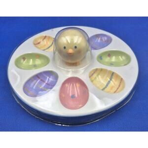 White Blossoms & Blooms Ceramic Easter Egg Serving Platter 8.75" NEW